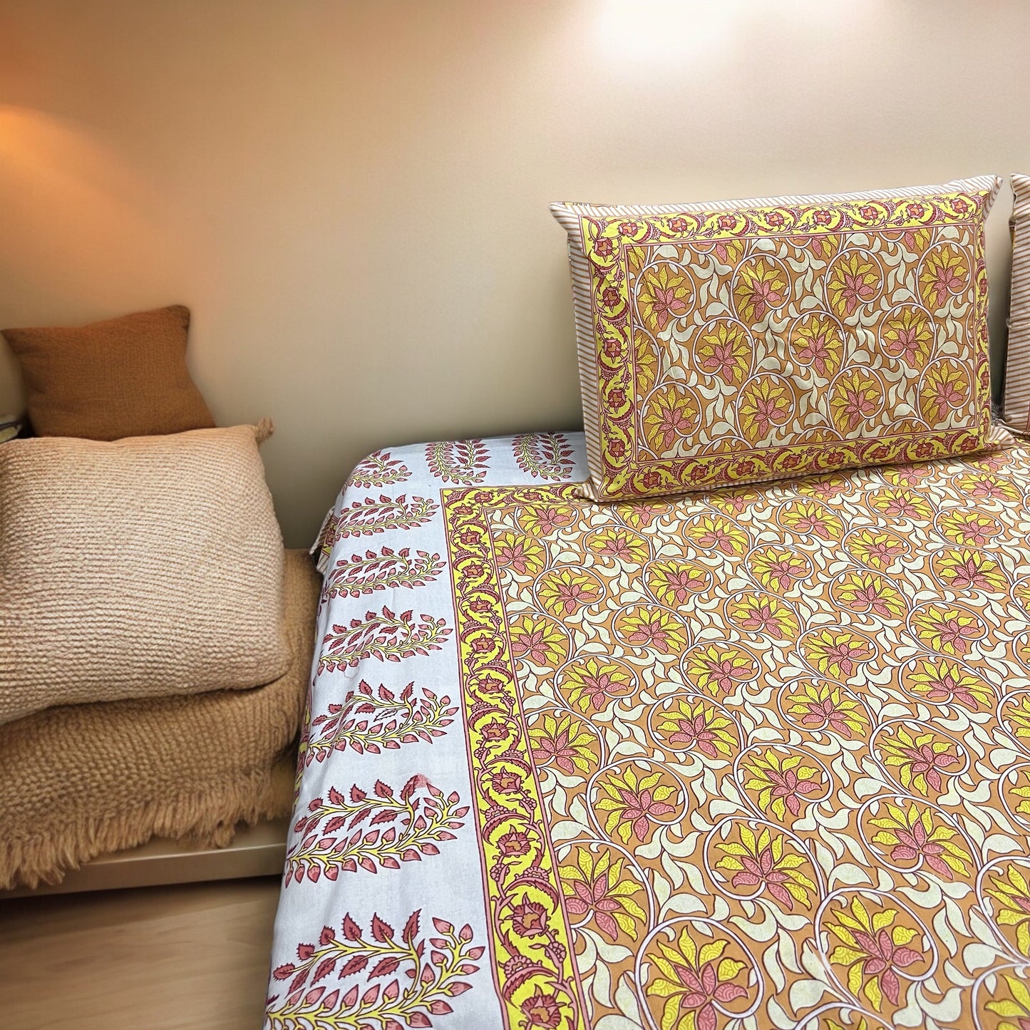 Gulmohar Yellow | Pure Cotton Bedsheet With Pillow Covers | 200 TC