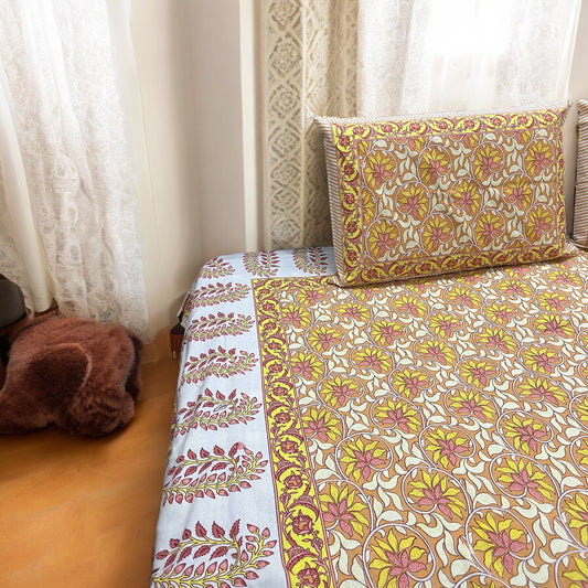 Gulmohar Yellow | Pure Cotton Bedsheet With Pillow Covers | 200 TC