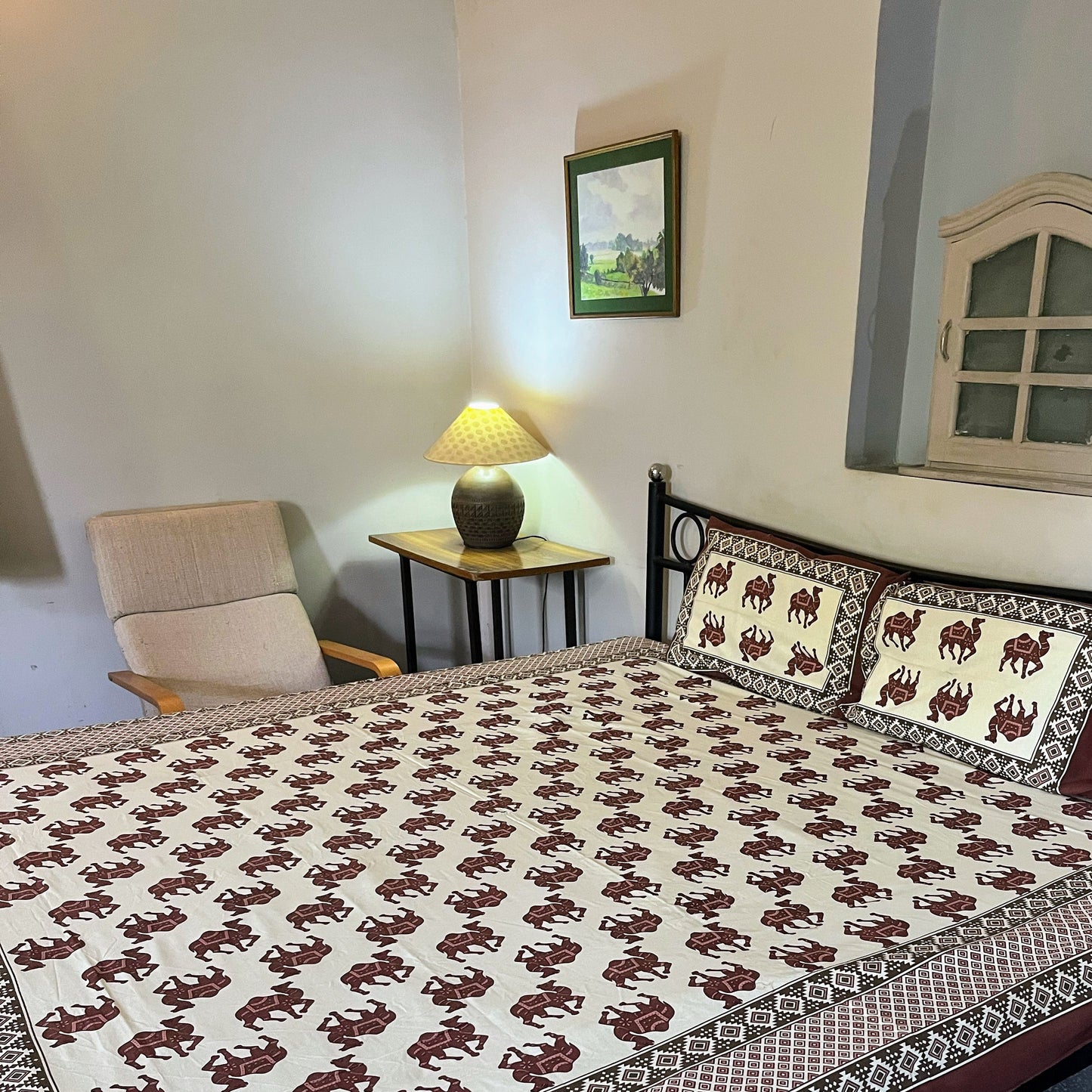 Camel Caravan Print Pure Cotton flat Bedsheet With Pillow Covers