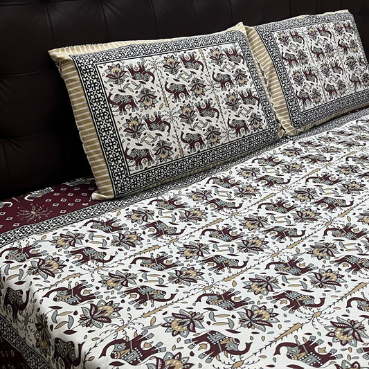 Cheerful Elephant Parade 200 TC Cotton Flat Bedsheet with Pillow Covers