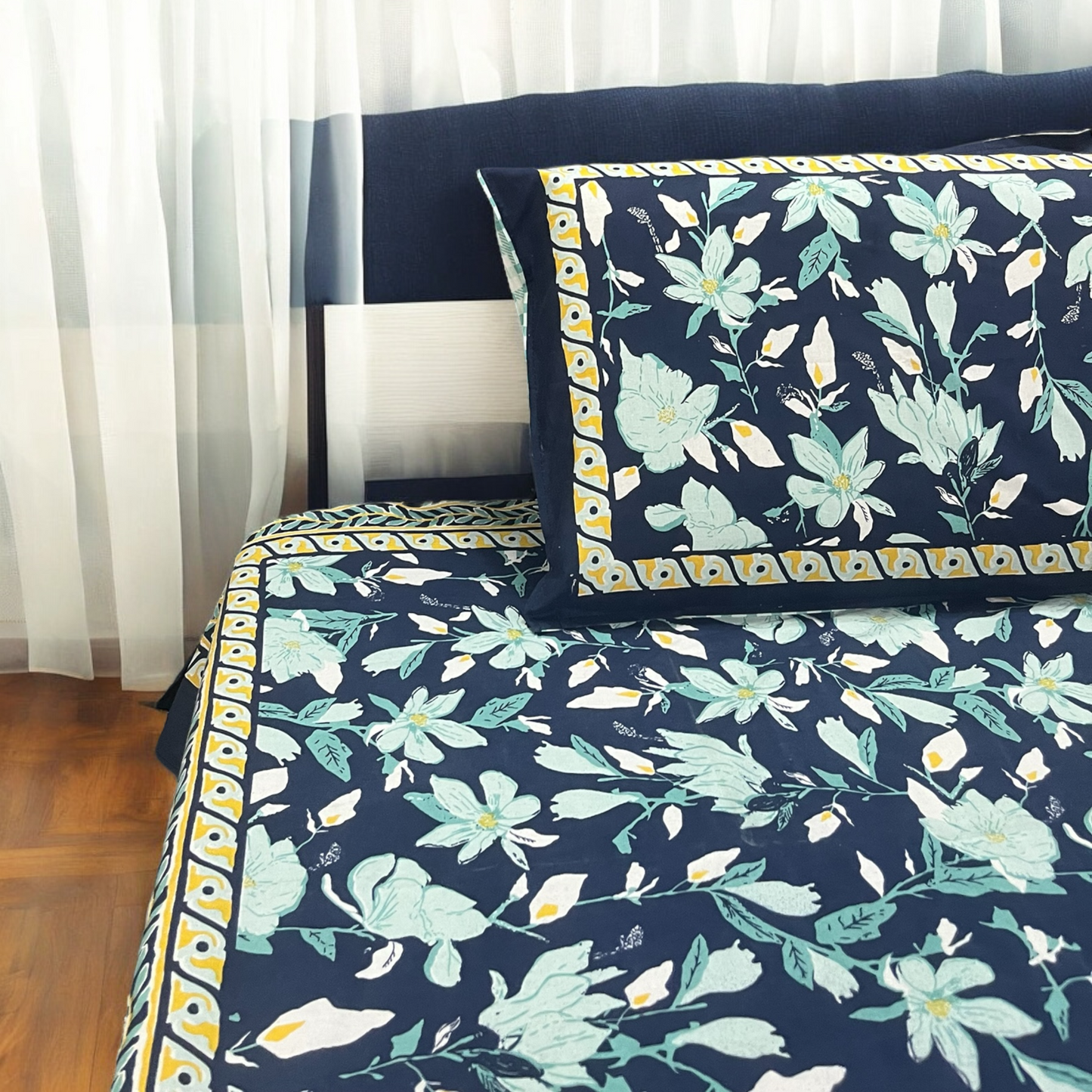 Flora Blue 100% Pure Cotton King Bedsheet With Pillow Covers