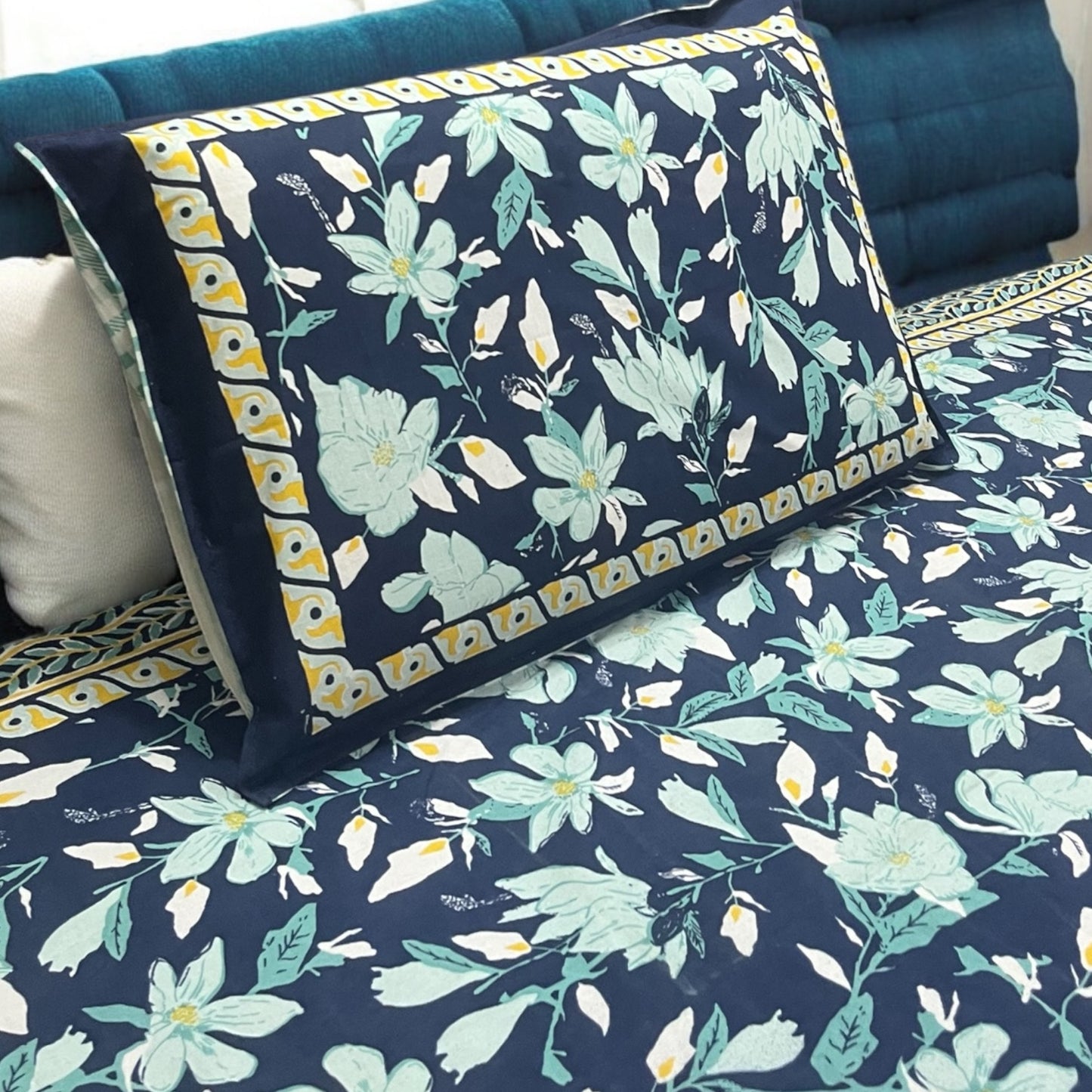 Flora Blue Pure Cotton King Bedsheet With Pillow Covers