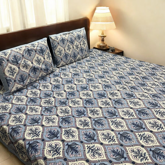 Gulfam Blue Pure Cotton Bedsheet with Pillow Covers