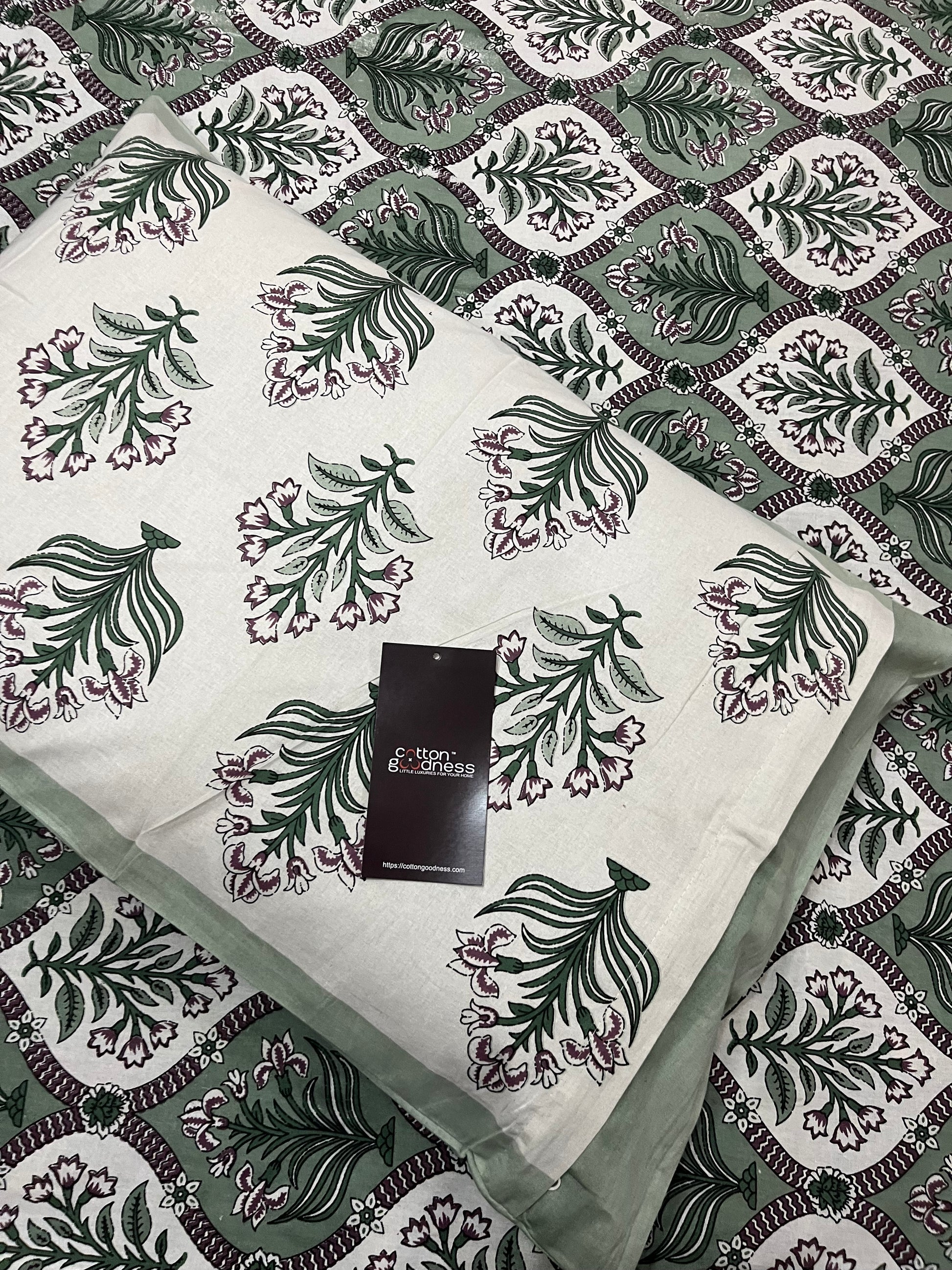 Gulfam Green Pure Cotton Bedsheet With Two Pillow Covers 200 TC Cotton Goodness