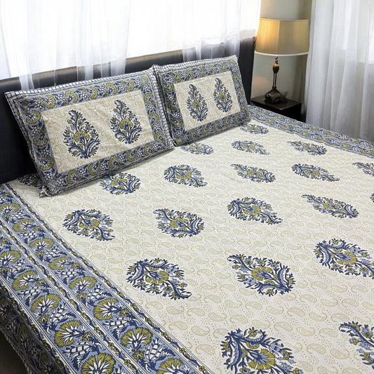 Ikkat Blue Pure Cotton Bedsheet with Pillow Covers