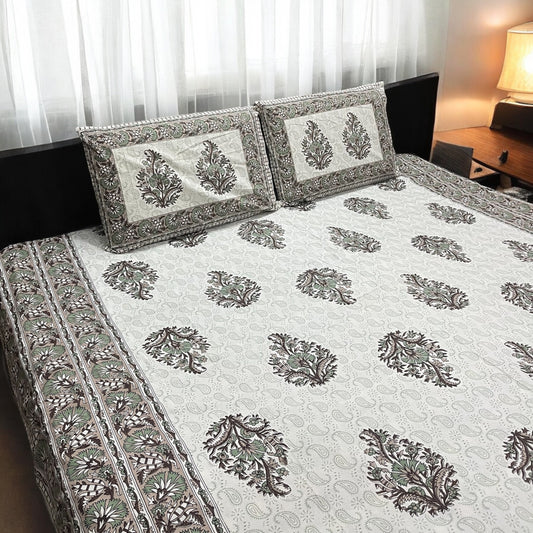 Ikkat Brown Red Printed Pure Cotton Bedsheet with Pillow Covers 200 TC