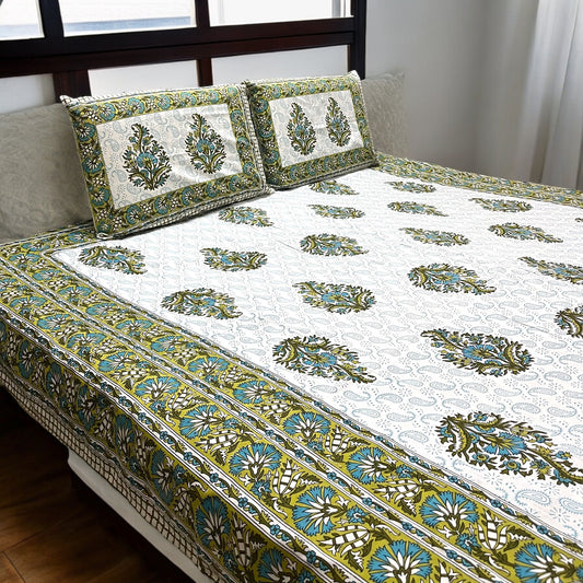 Ikkat Green Printed Pure Cotton Bedsheet with Pillow Covers 200 TC