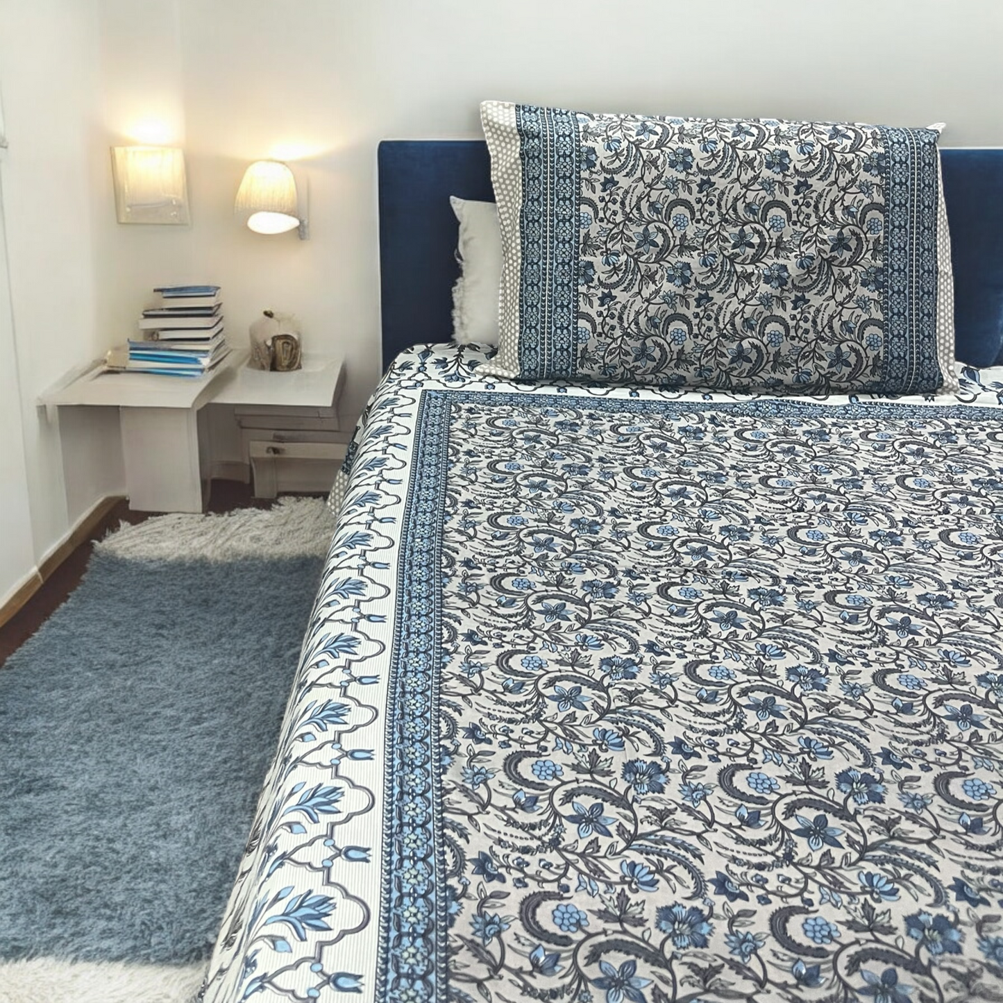 Noor Blue Premium Cotton Super King Size Bedsheet With 2 Pillow Covers