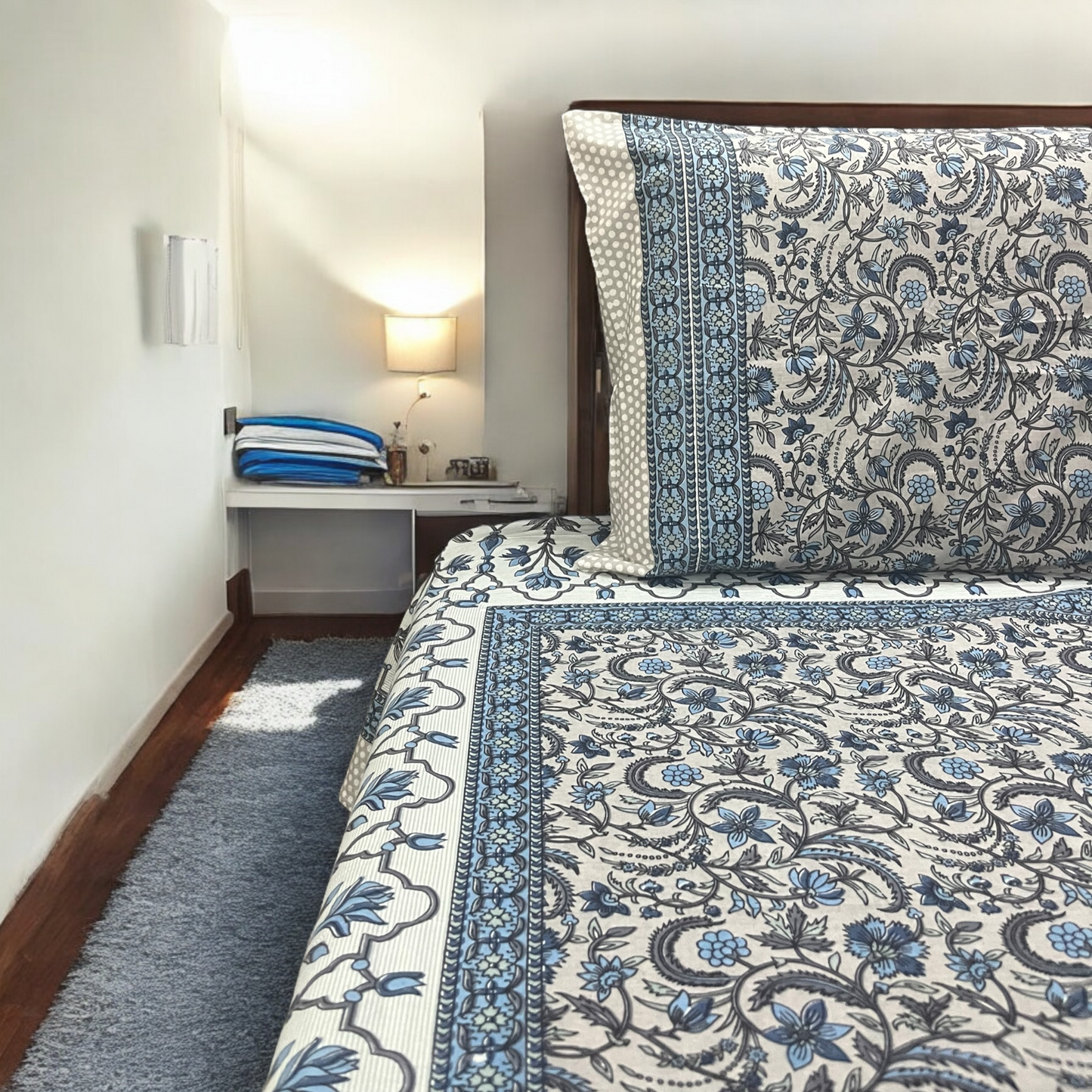 Noor Blue Premium Cotton Super King Size Bedsheet With 2 Pillow Covers | Cotton Goodness