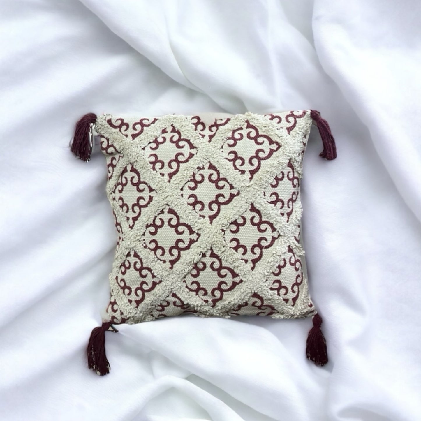 Red Tufted Cushion Covers with Tassels (16x16 inches) Cotton Goodness
