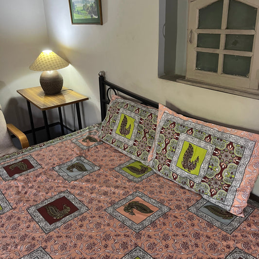 Royal Peacock Print Pure Cotton Double Bed Bedsheet with Pillow Covers Cotton Goodness