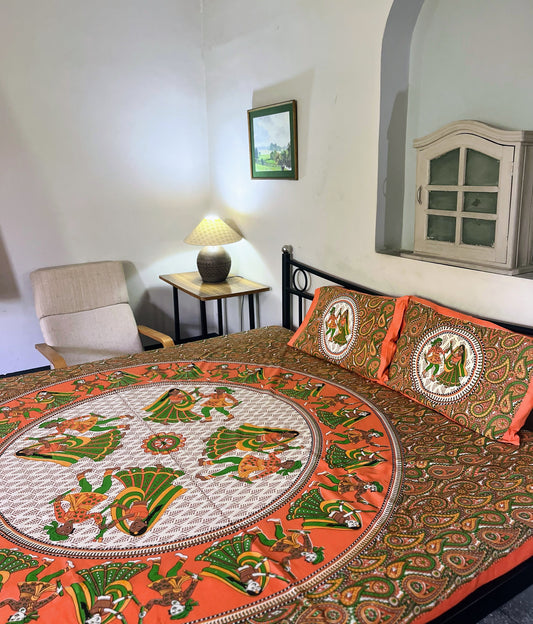 Traditional Rajasthani Print 100% Pure Cotton Bedsheet with Two Pillow Covers