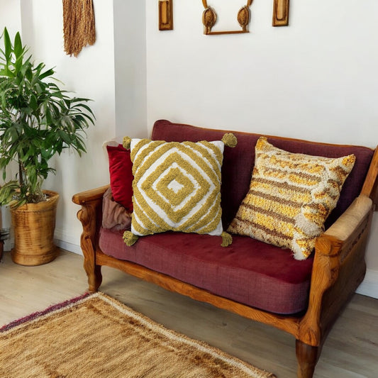 100% Cotton Handwoven Sunshine Tassel Tufted Cushion Cover 16x16 inches
