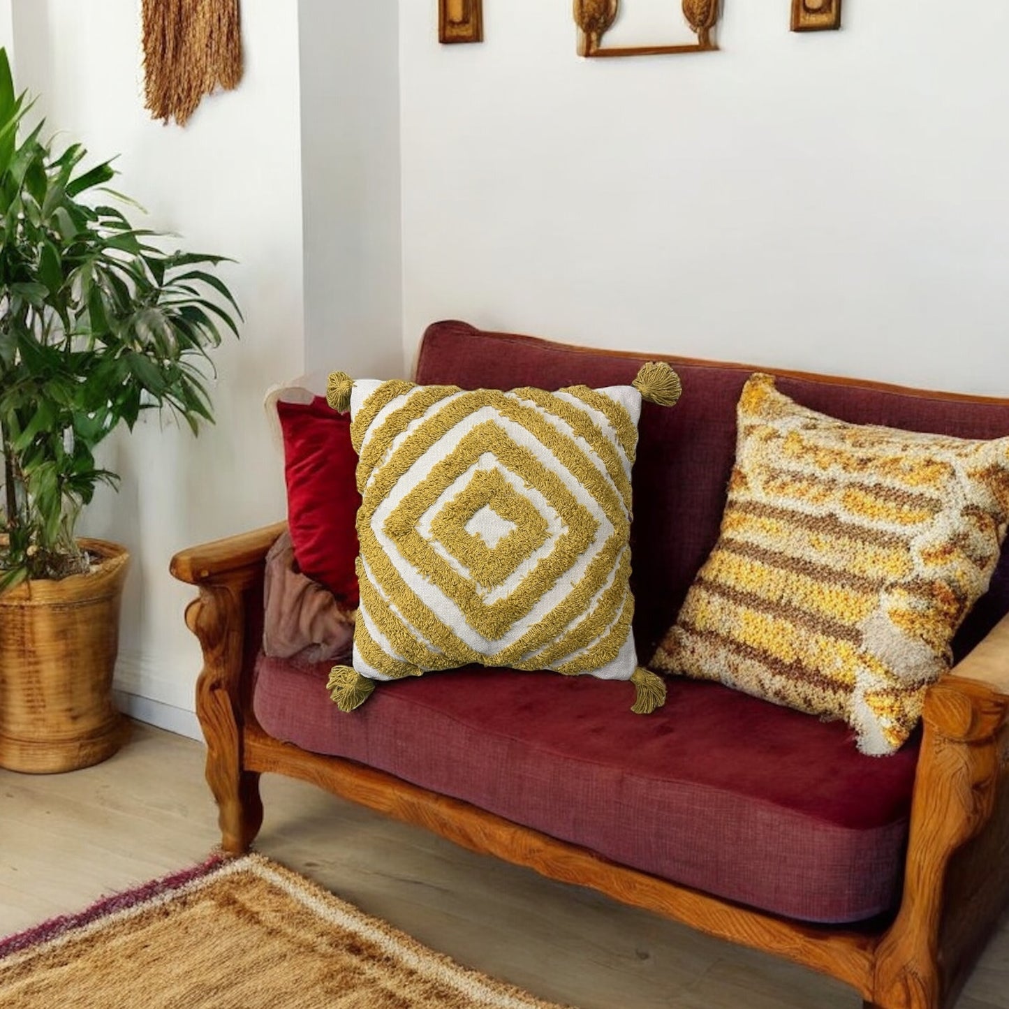 100% Cotton Handwoven Sunshine Tassel Tufted Cushion Cover 16x16 inches Cotton Goodness