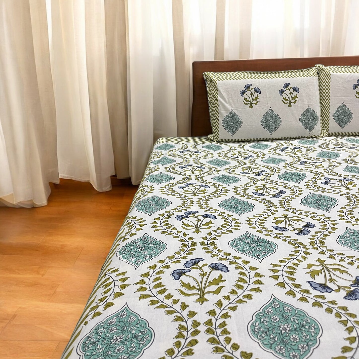 Gulzar blue | Pure Cotton Bedsheet With Pillow Covers | 200 TC