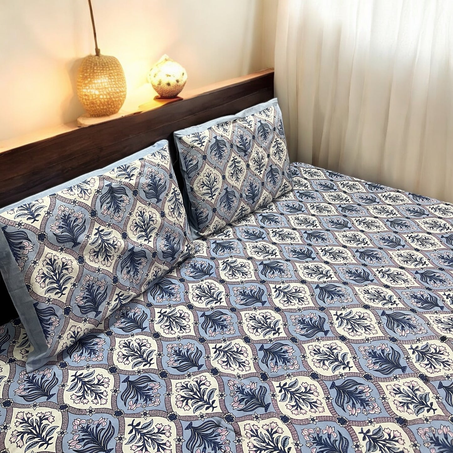 Gulfam blue | Pure Cotton Bedsheet With Pillow Covers | 200 TC