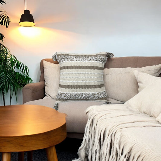 Beige Tufted Tassel Cushion Cover - 18'' x 18"