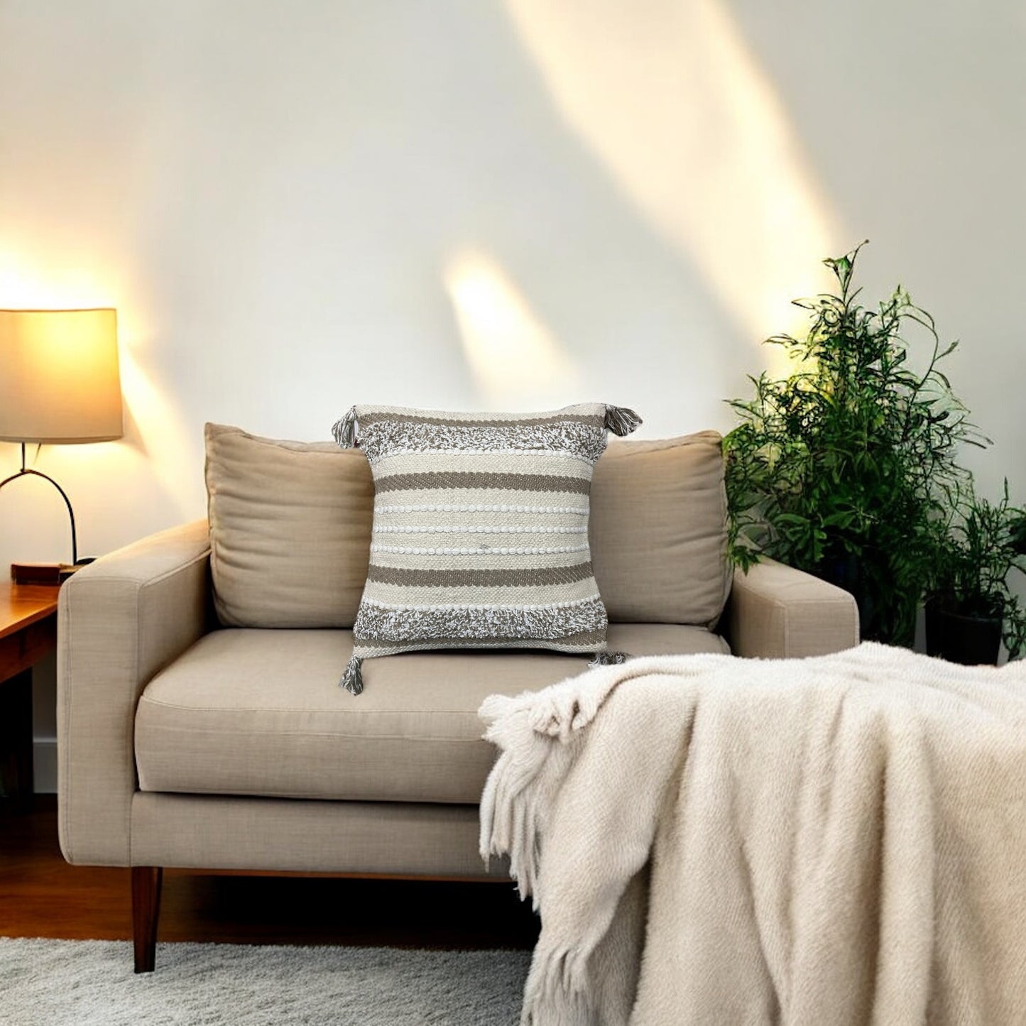 Beige Tufted Tassel Cushion Cover - 18'' x 18" Cotton Goodness