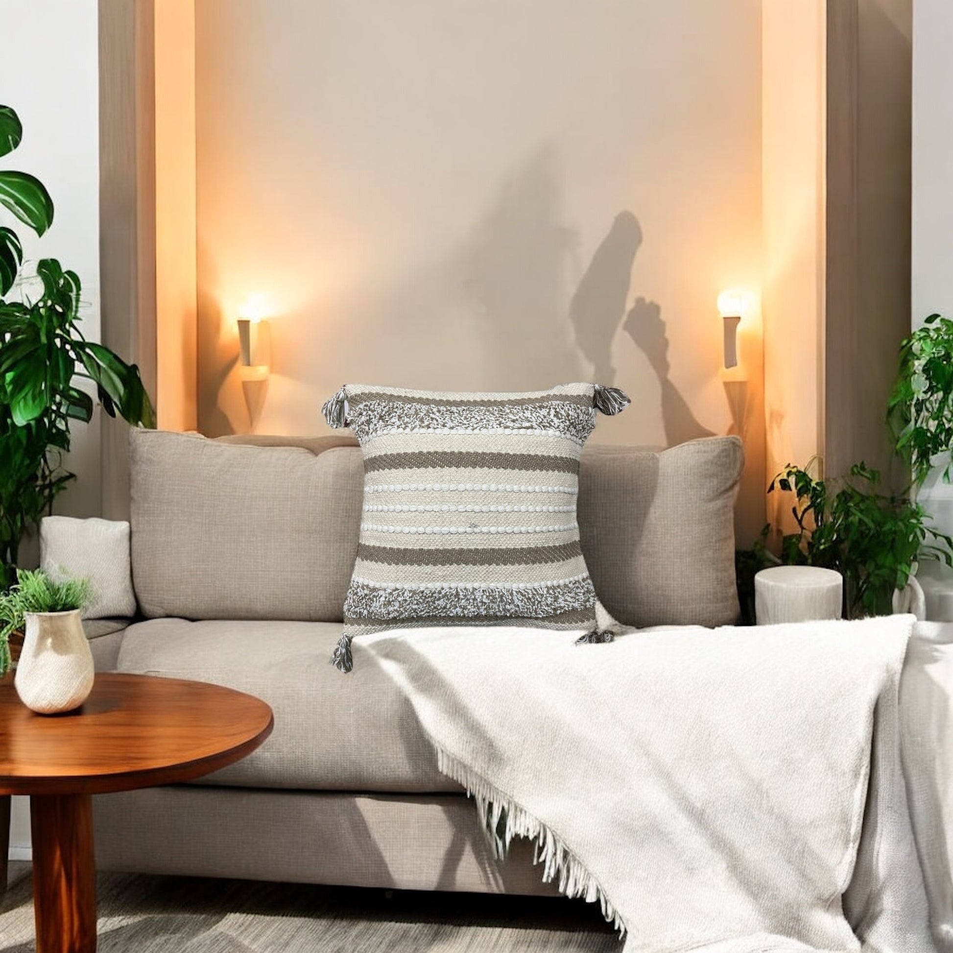 Beige Tufted Tassel Cushion Cover - 18x 18 