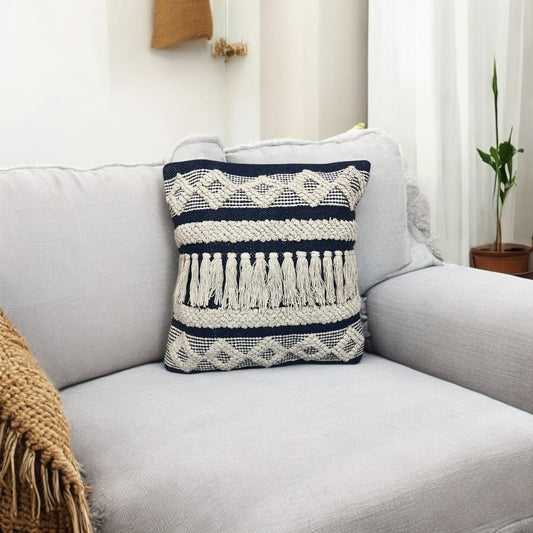 Blue Macrame Tufted Decorative Cotton Cushion Cover 18x18 Inches
