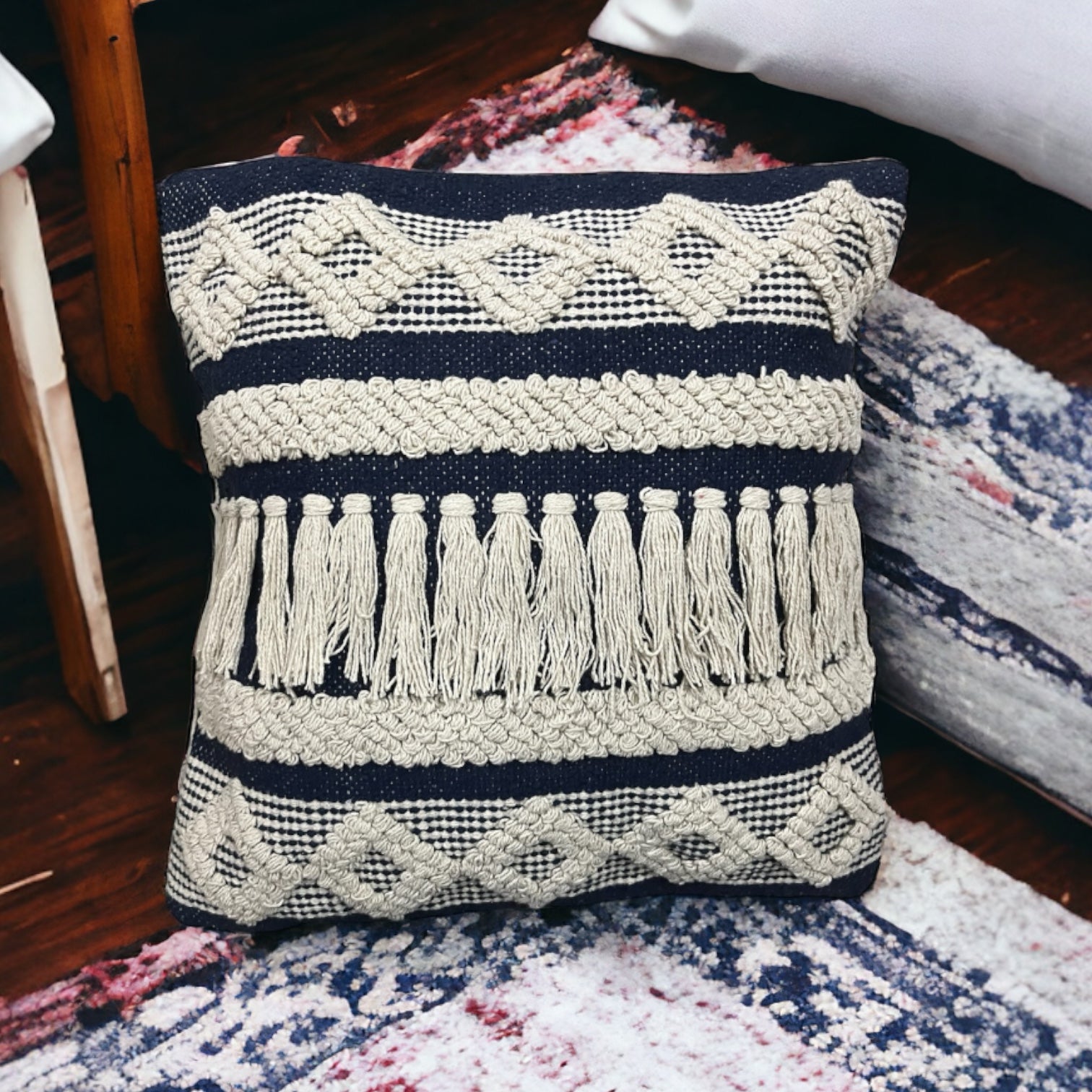 Blue Macrame Tufted Decorative Cotton Cushion Cover 18x18 Inches Cotton Goodness