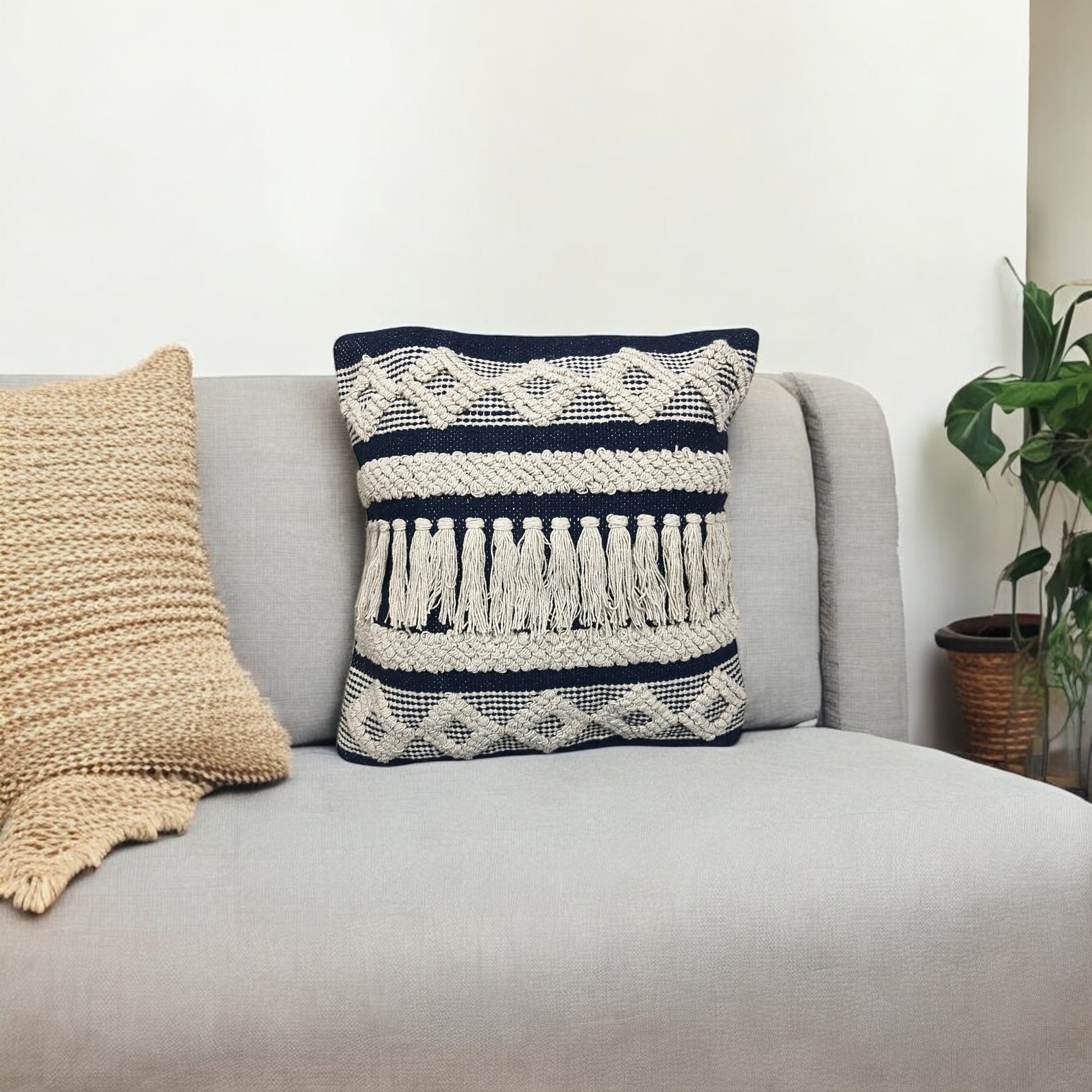 Blue Macrame Tufted Decorative Cotton Cushion Cover 18x18 Inches  Online Cotton Goodness