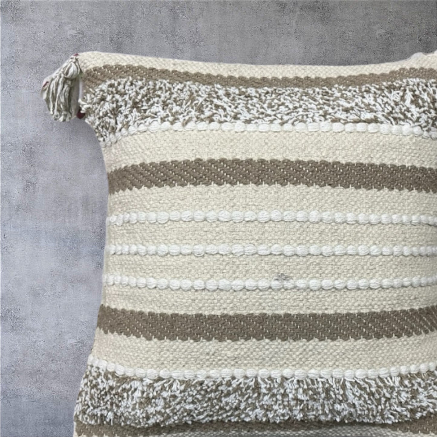 Cotton Goodness Beige Tufted Tassel Cushion Cover - 18'' x 18" 