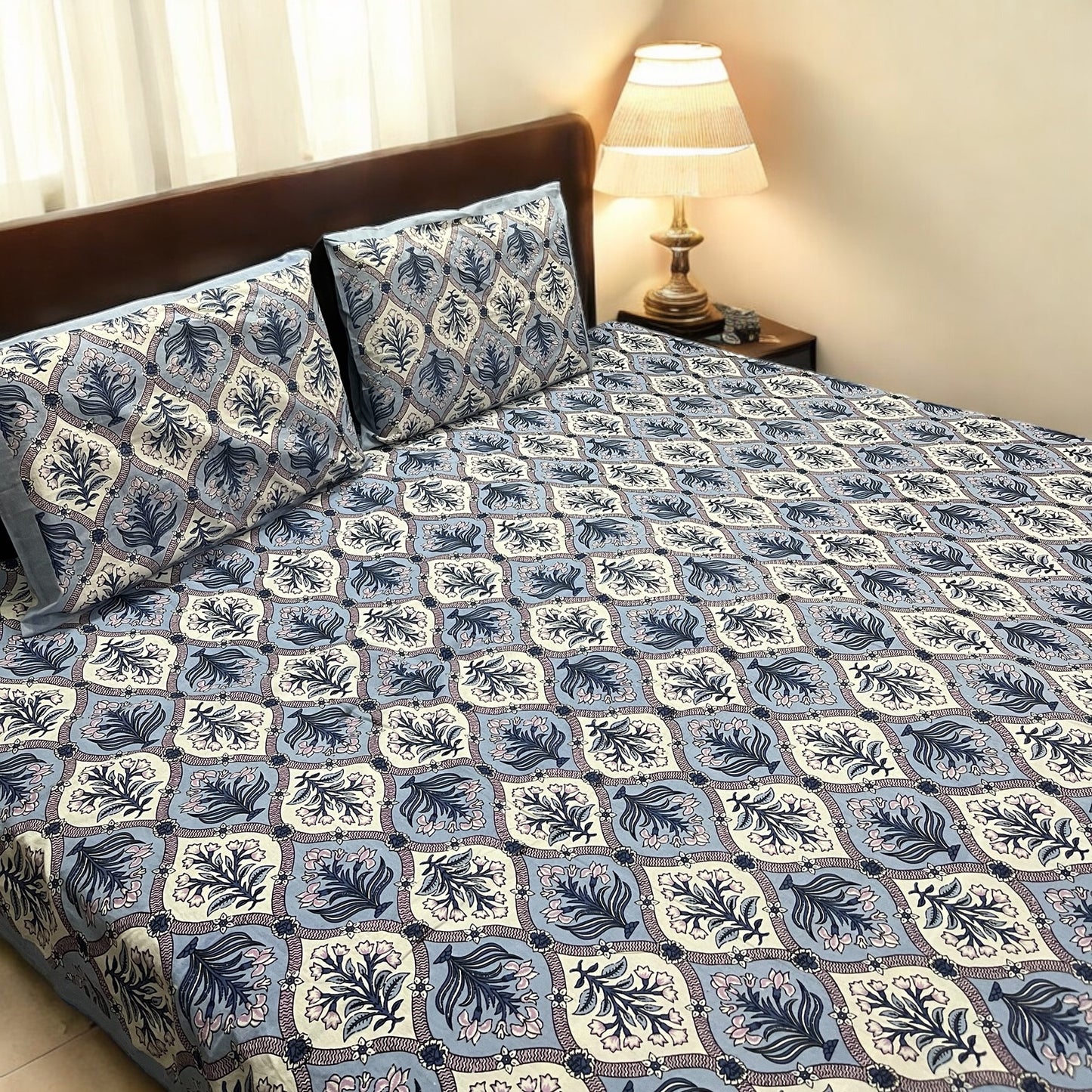 Gulfam blue | Pure Cotton Bedsheet With Pillow Covers | 200 TC