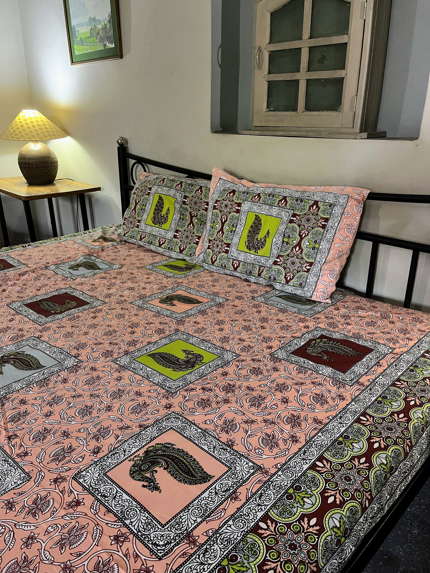 Royal Peacock Print | Pure Cotton Bedsheet With Pillow Covers | 200 TC