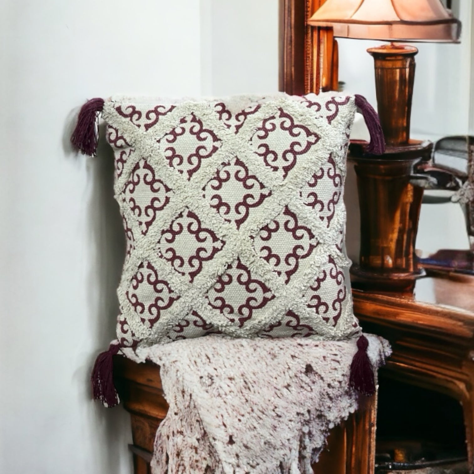 Red Tufted Cushion Covers with Tassels (16x16 inches)