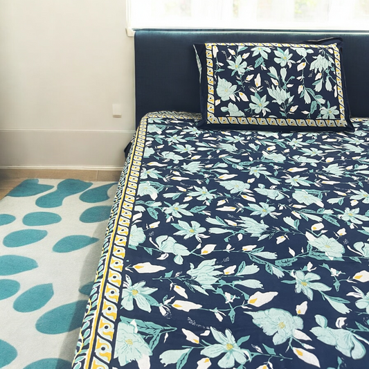Flora Blue 100% Pure Cotton King Bedsheet With Pillow Covers 200 TC