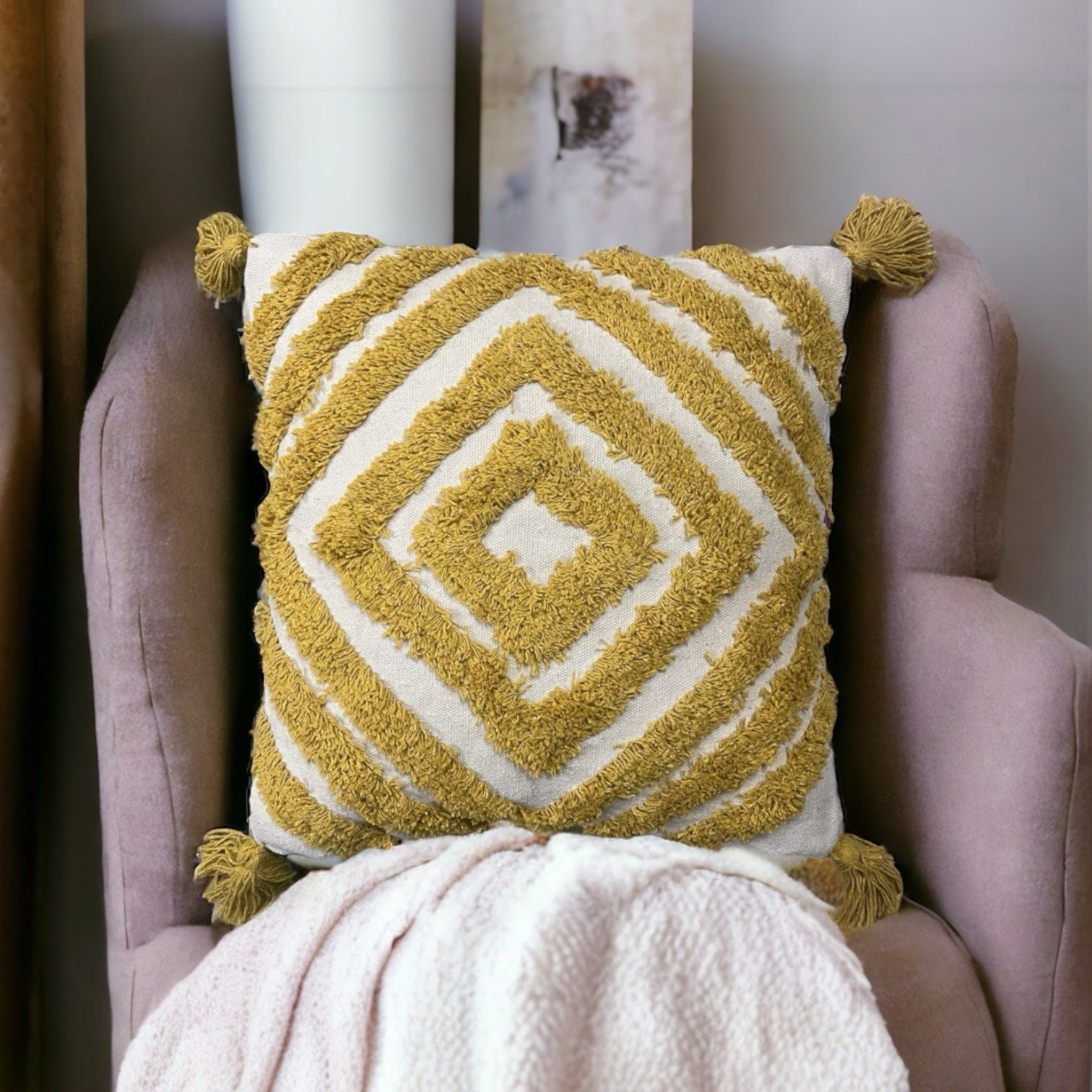 Handwoven Sunshine Tassel Tufted Cushion Cover 16x16 inches Cotton Goodness