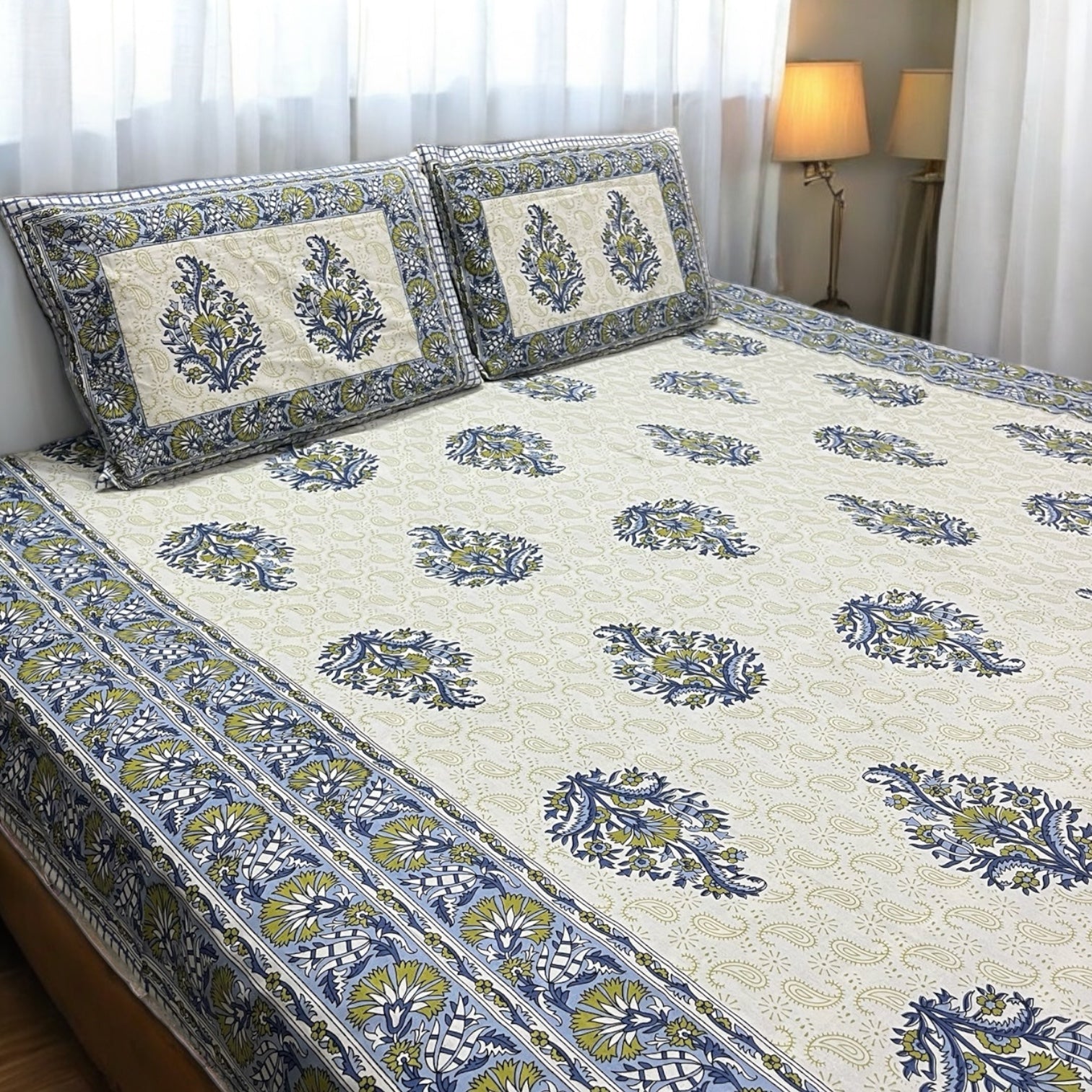 Ikkat Blue Pure Cotton Bedsheet with Pillow Covers Cotton Goodness