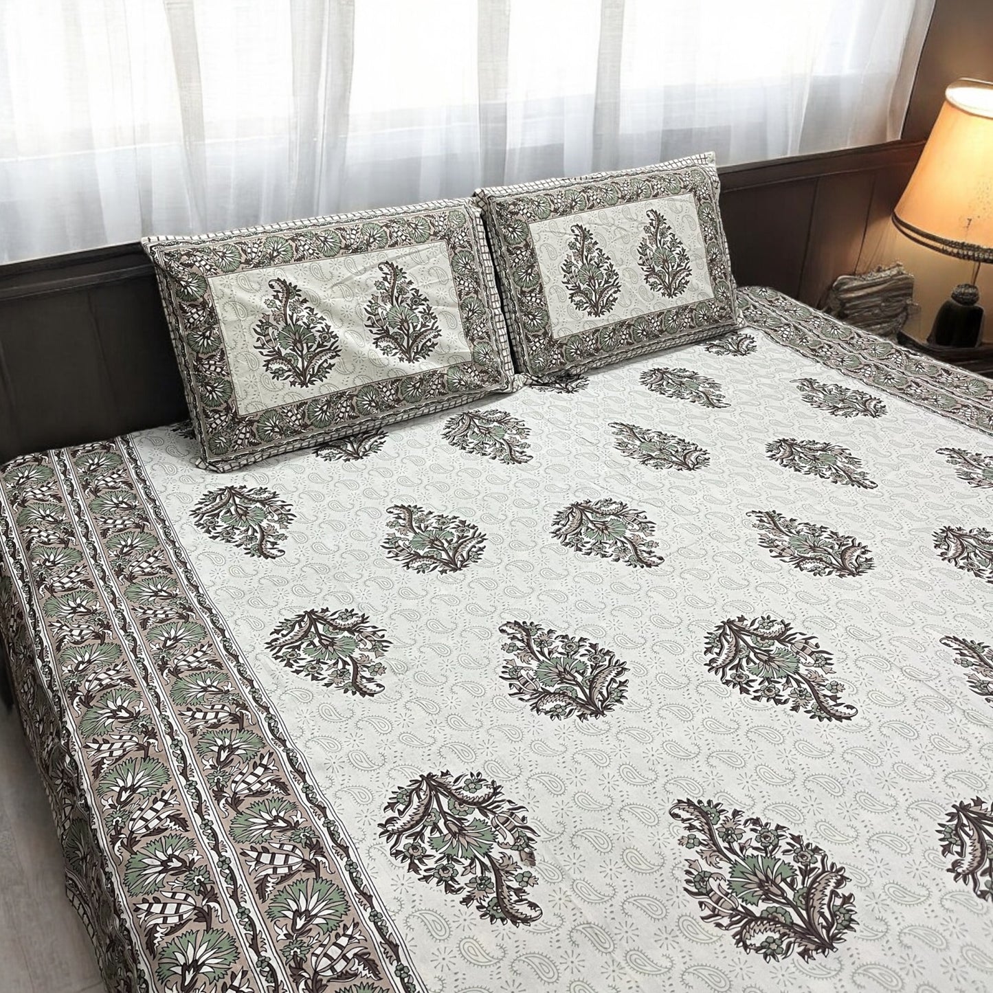 Ikkat Brown Red Printed Pure Cotton Bedsheet with Pillow Covers