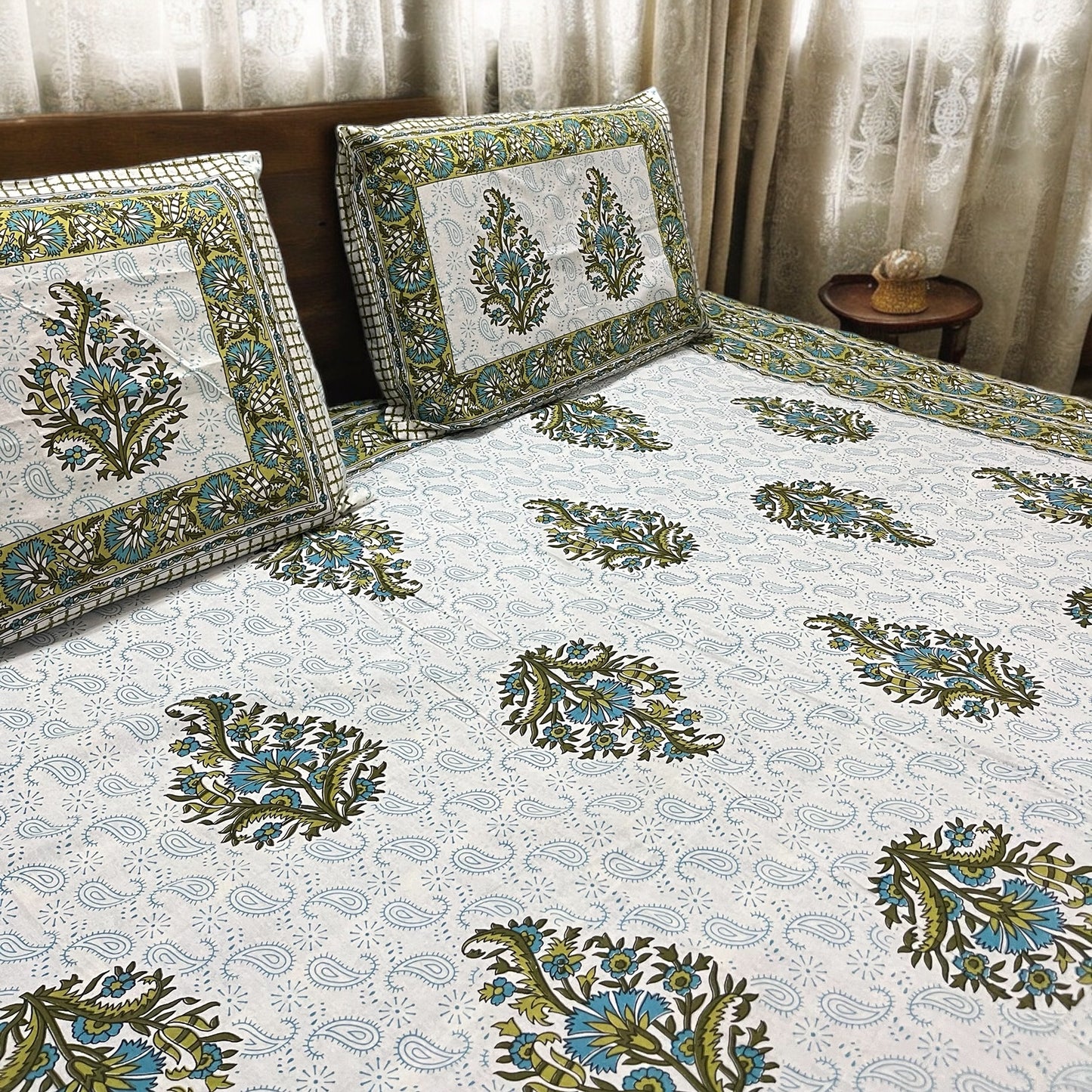 Ikkat Green Printed 100% Cotton Bedsheet with Pillow Covers 200 TC Cotton Goodness