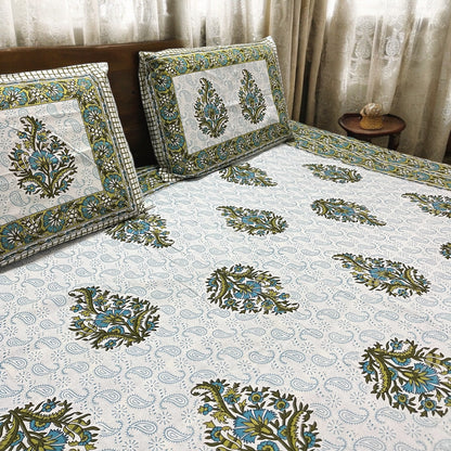 Ikkat Green Printed 100% Cotton Bedsheet with Pillow Covers 200 TC Cotton Goodness
