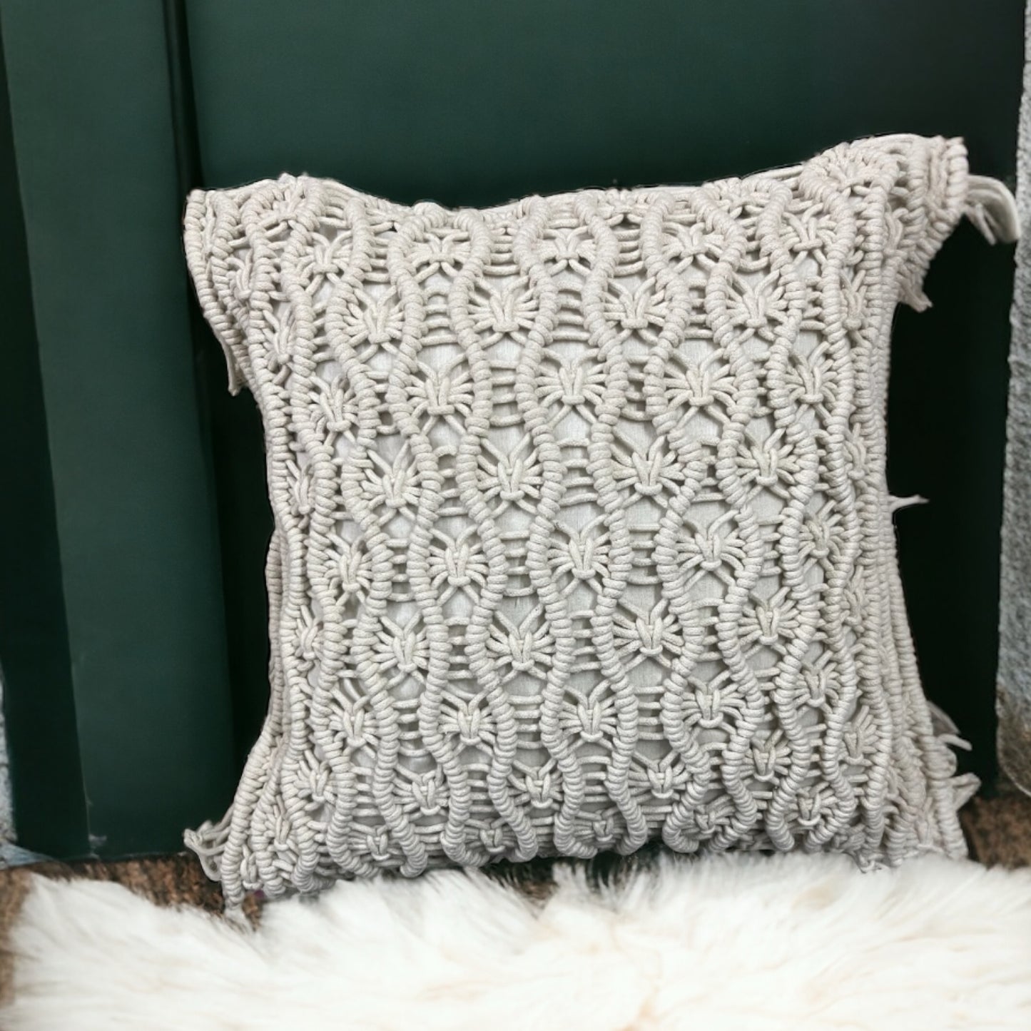 Ivory Macrame pure Cotton 18 x 18 Inch Handcrafted Cushion Cover Cotton Goodness 