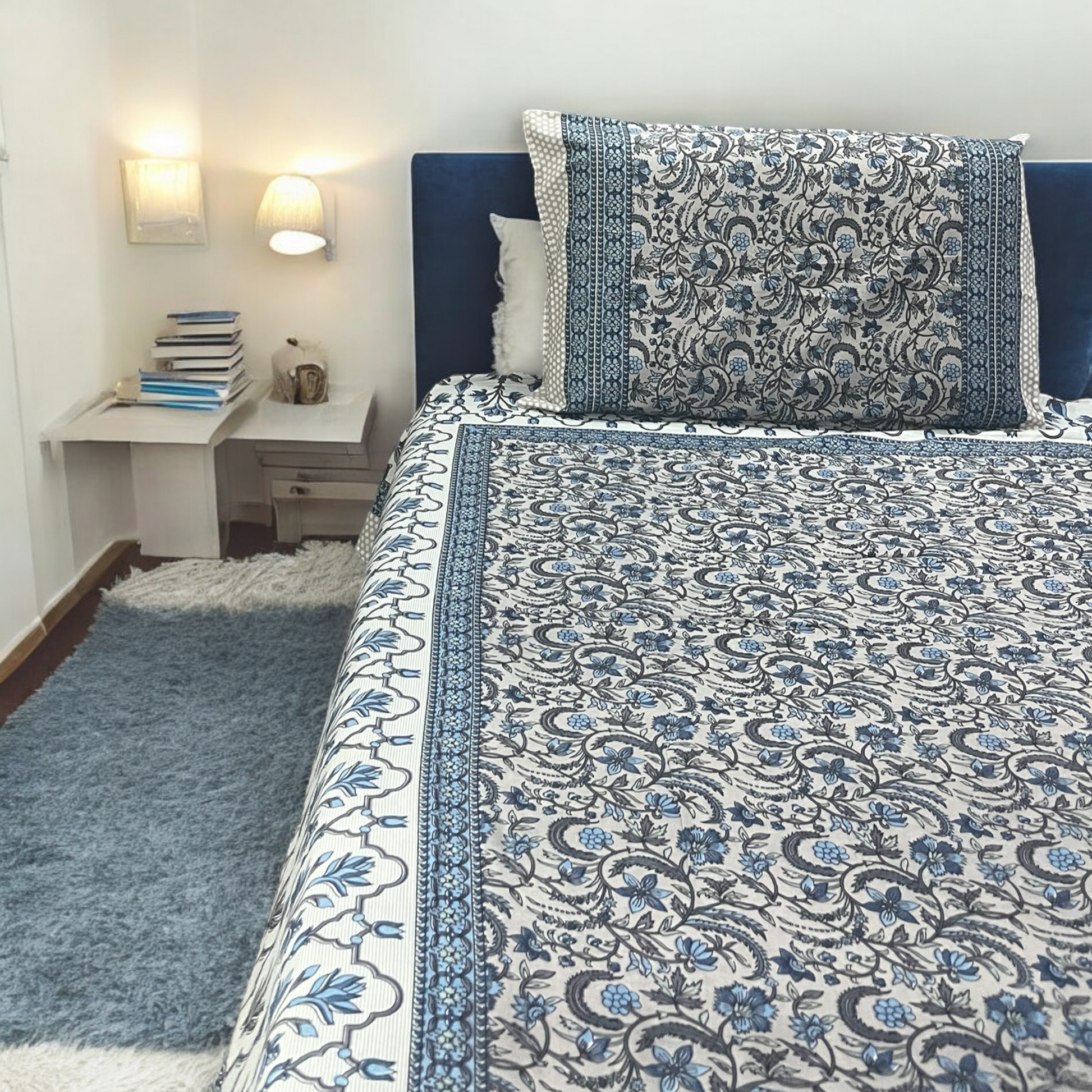 Noor Blue Premium Cotton Super King Size Bedsheet With 2 Pillow Covers