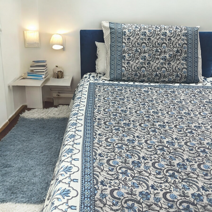 Noor Blue Premium Cotton Super King Size Bedsheet With 2 Pillow Covers