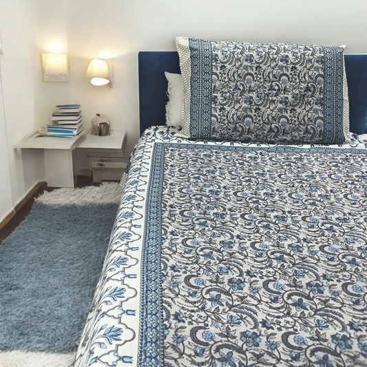 Noor Blue Premium Cotton Super King Size Bedsheet With 2 Pillow Covers