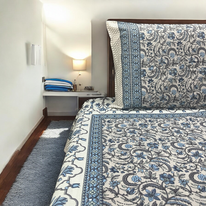 Noor Blue Premium Cotton Super King Size Bedsheet With 2 Pillow Covers | Cotton Goodness