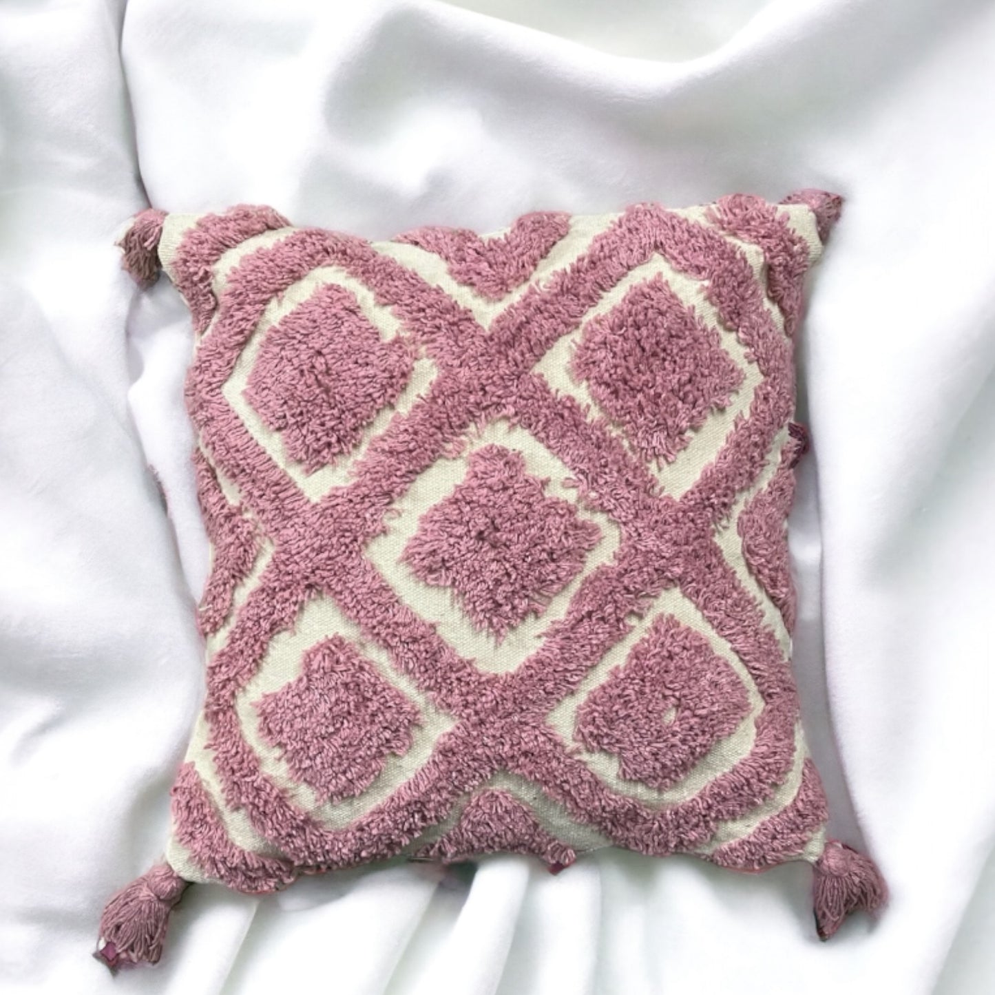 Pink White Handwoven High-Quality Tufted Boho Cushion Cover 16 X 16 Inches Cotton Goodness