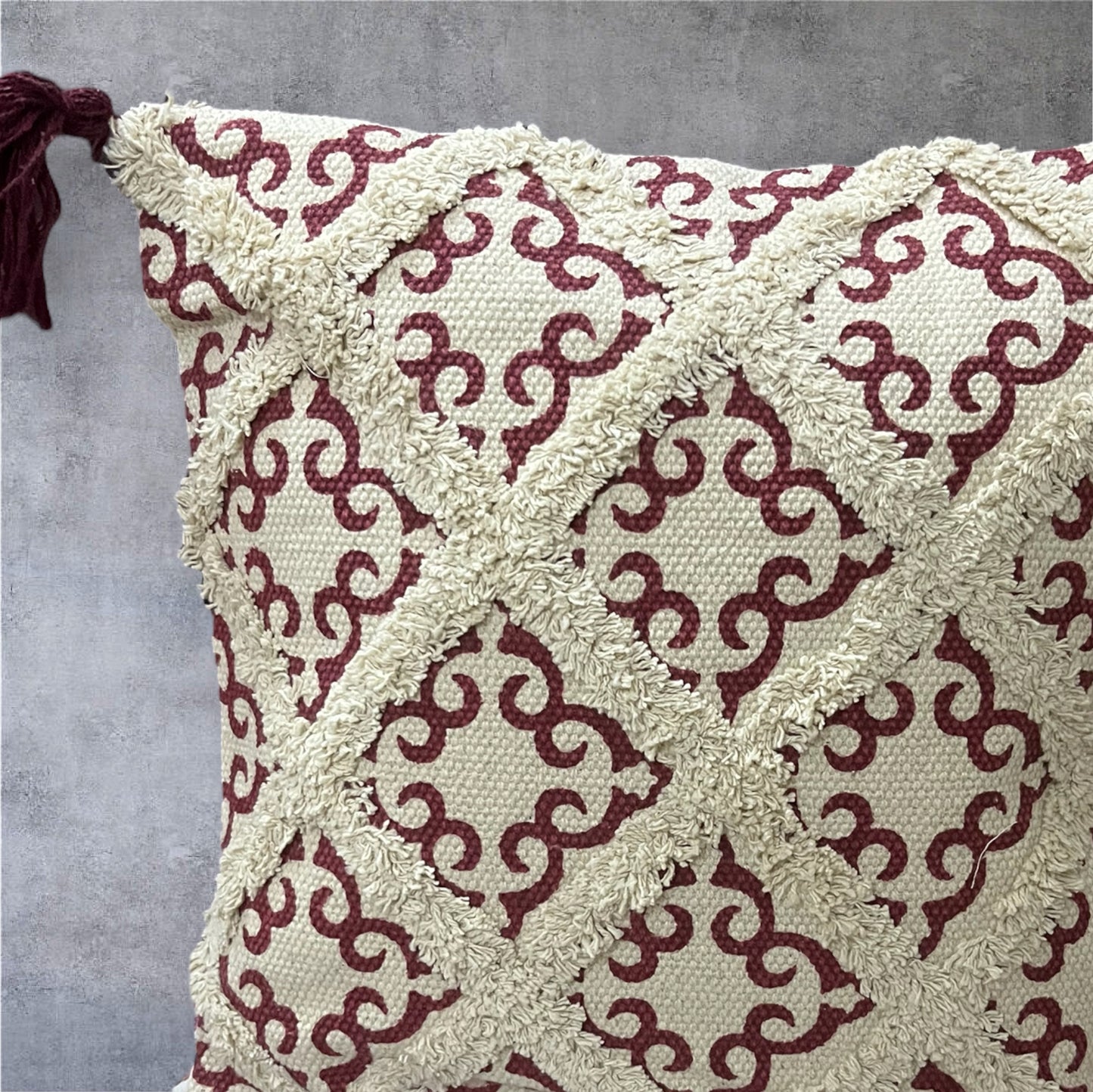 Red Tufted Cushion Covers with Tassels (16x16 inches) Cotton Goodness 1