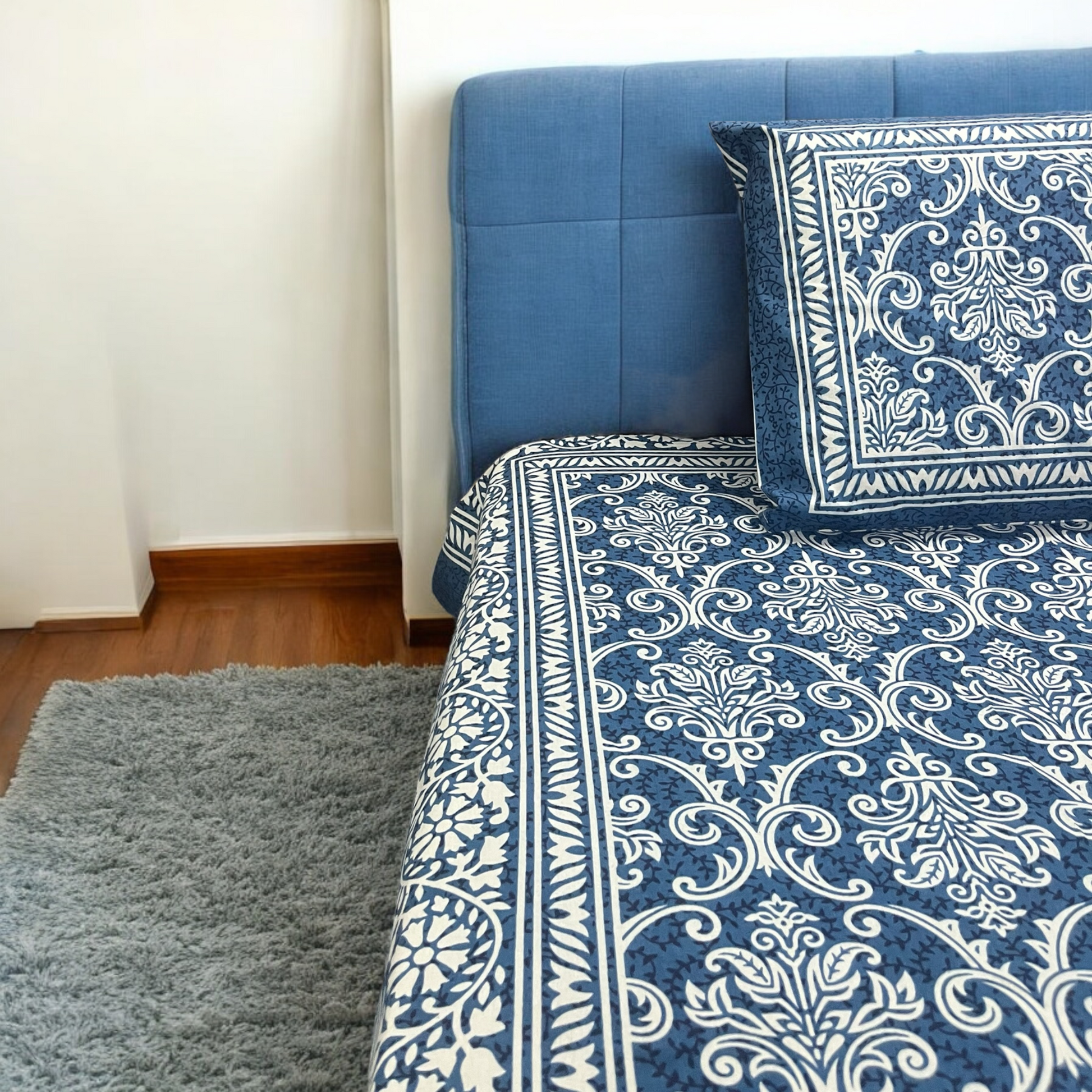 Regal Blue Pure Cotton Double Bed Bedsheet with 2 Pillow Covers 