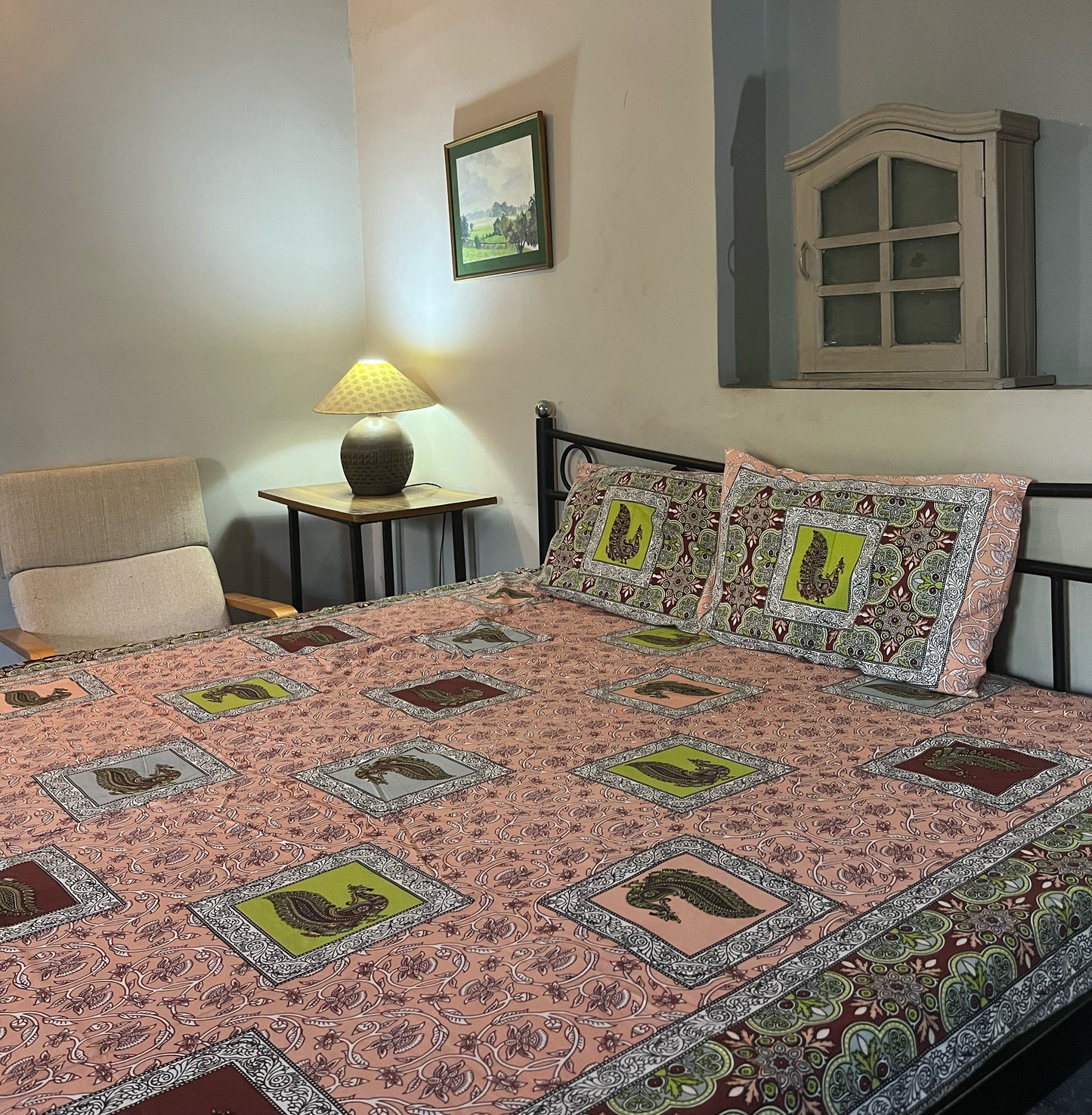 Royal Peacock Print Pure Cotton Double Bed Bedsheet with Pillow Covers 200 TC