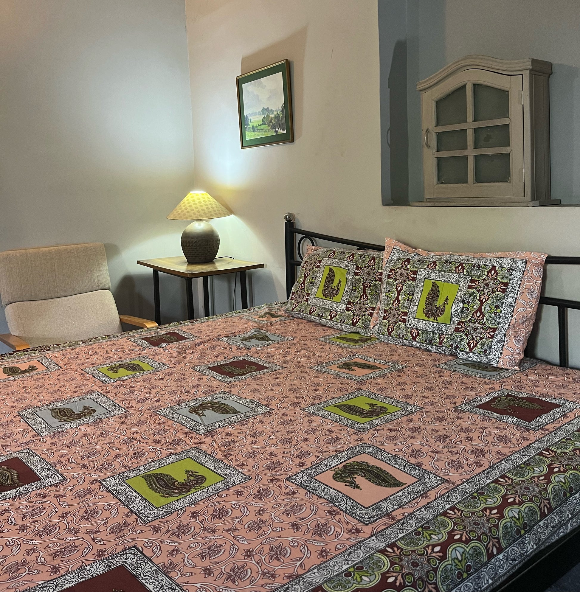 Royal Peacock Print Pure Cotton Double Bed Bedsheet with Pillow Covers 200 TC